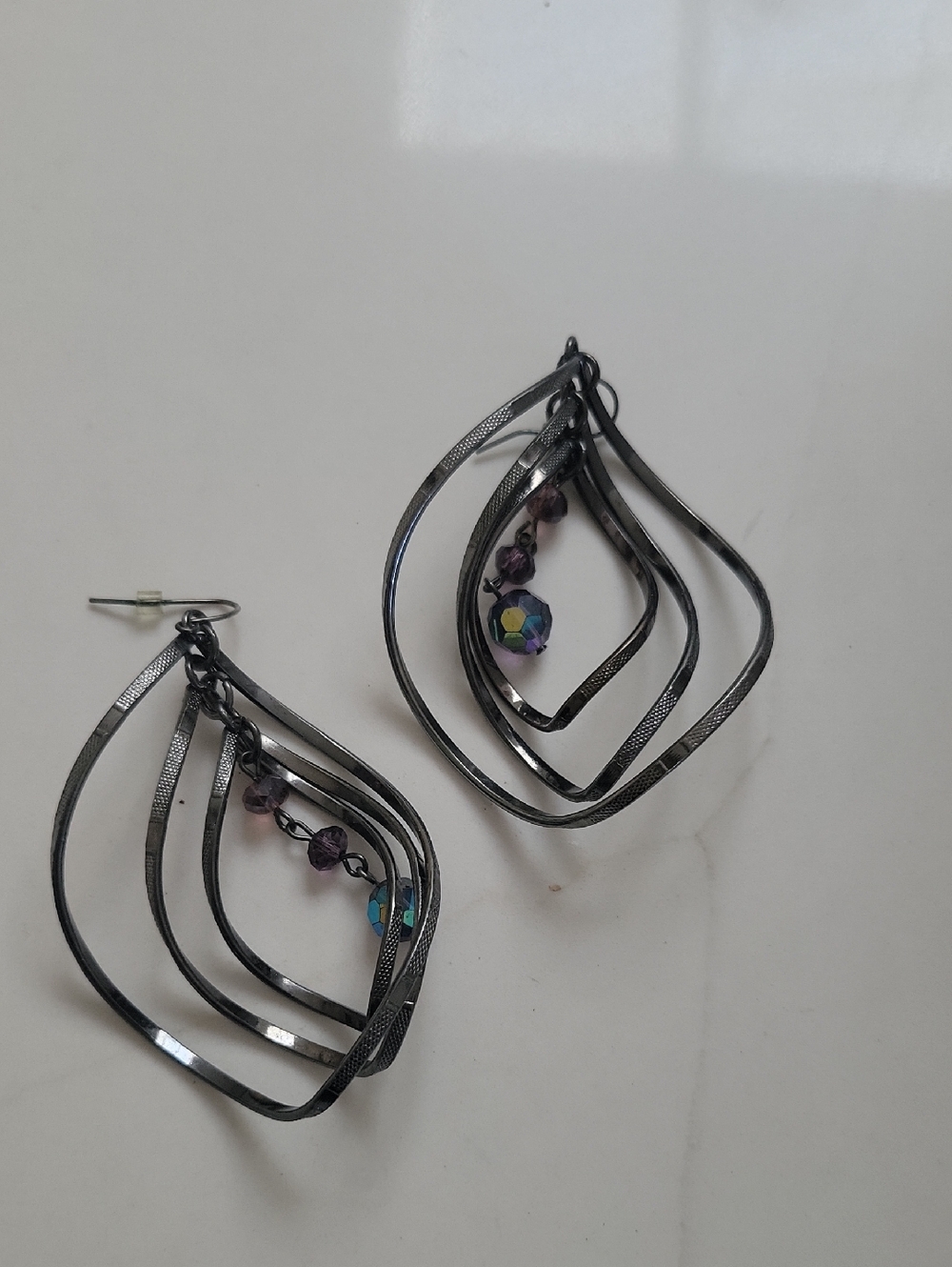 Gunmetal Multi-Layer Teardrop Earrings with Iridescent Beads